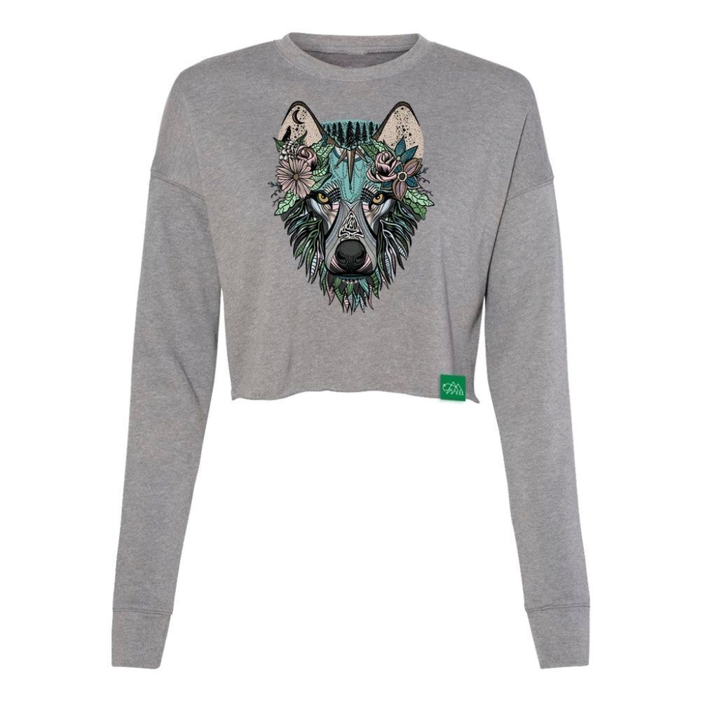 LN Wild Tribute Cropped Gray Wolf Graphic Sweatshirt - Women's